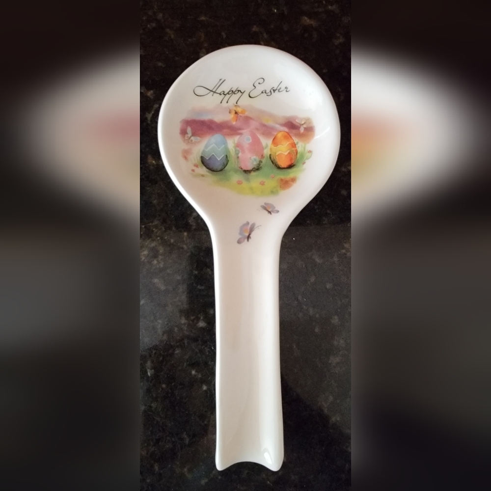 Happy Easter Pastel Colors Ceramic Spoon Rest Ceramica Cuore Italy 11" Pre-owned